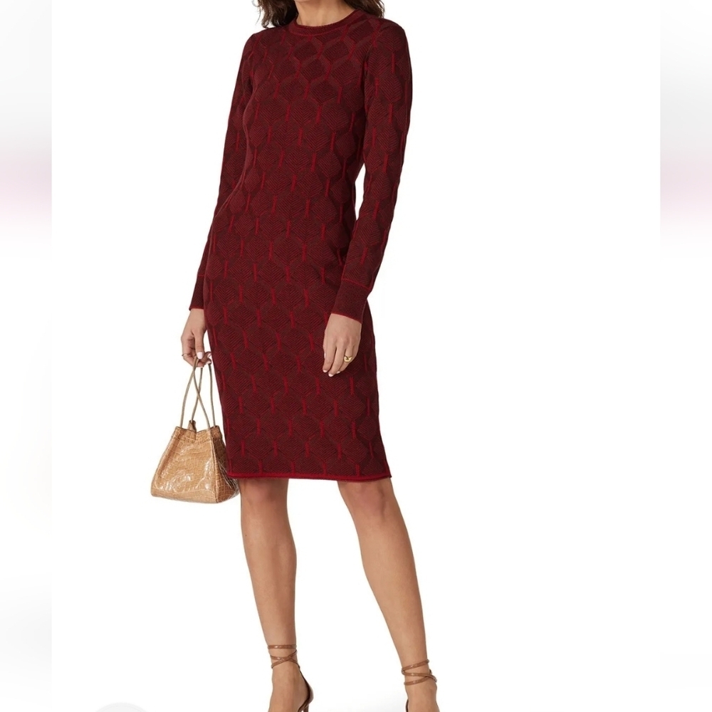 Thakoon Textured Jacquard Knit Sweater Dress Size XL Maroon Long Sleeve Sheath